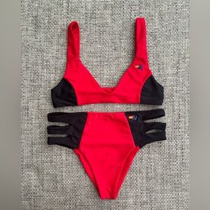 Aviator Nation Bikini Bralette & Hi Waisted Side Cut Out Cheeky Bottom Size XS